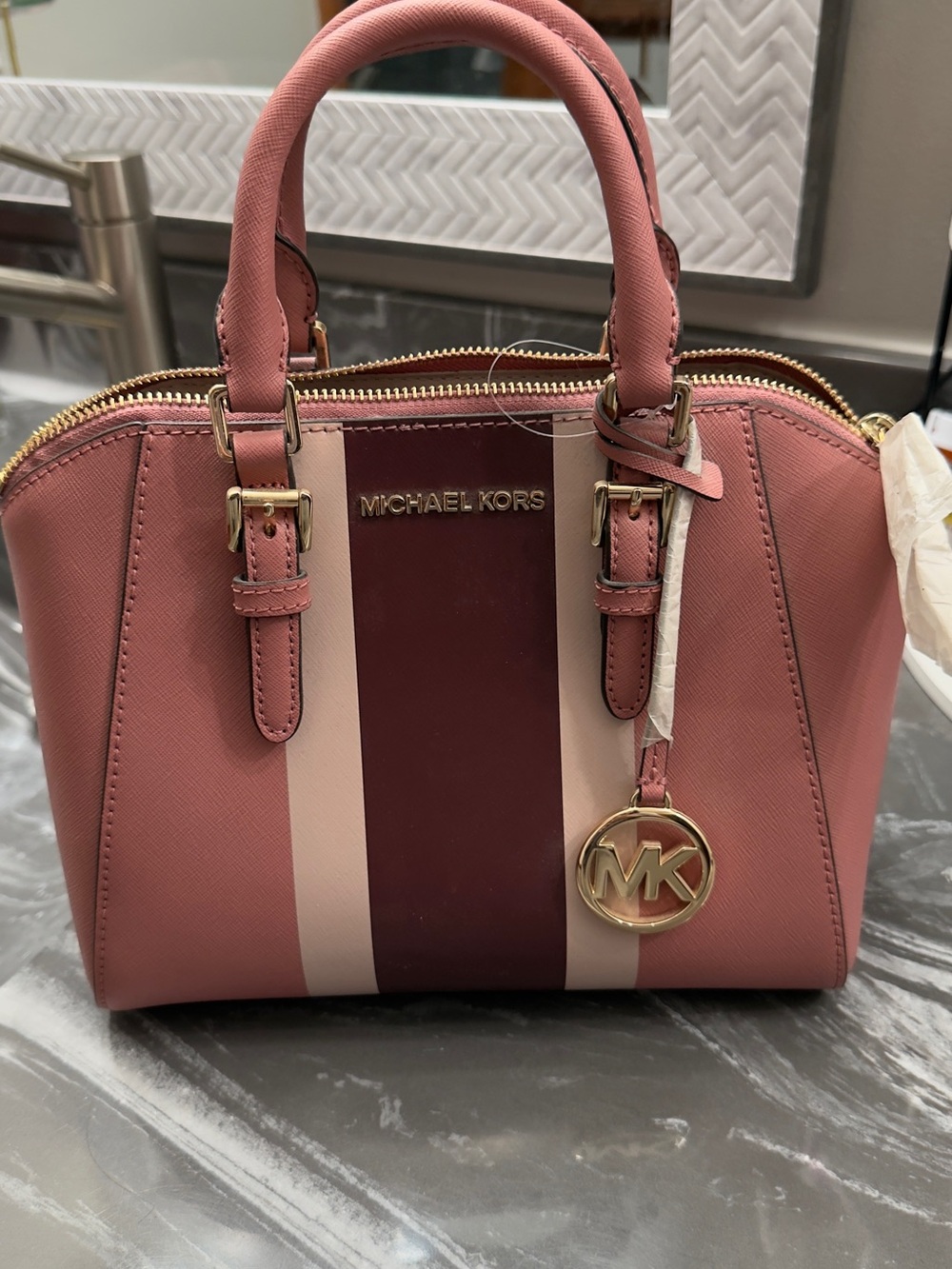 Michael Kors Pink, Rose & Burgundy Stripe Saffiano Satchel